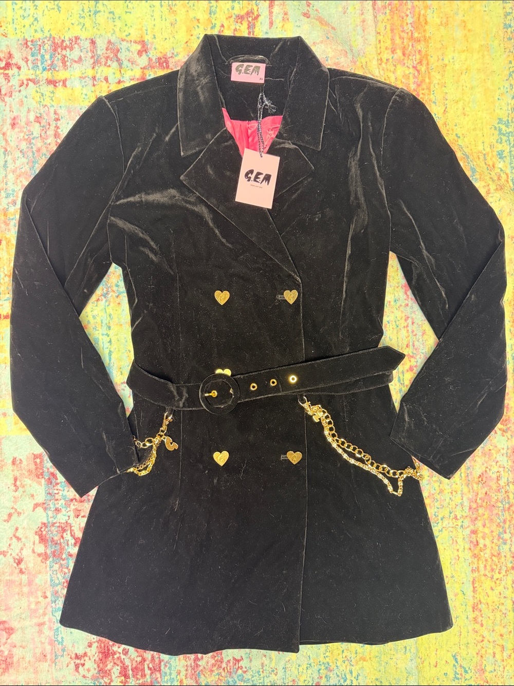 Lazy Oaf Black Velvet Double-Breasted Blazer with Gold Heart Buttons